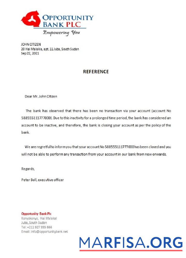 Blank South Sudan Opportunity bank closure reference template